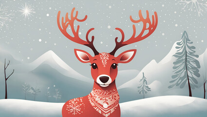 A Festive Winter Scene Featuring a Cozy Deer decorated with Scandinavian ornaments, Heartwarming Minimal Vector Christmas Card for Season's greetings in Scandinavian Style, Holiday Season, Xmas