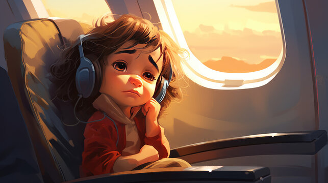 Sad child in airplane window, unaccompanied minor cartoon illustration