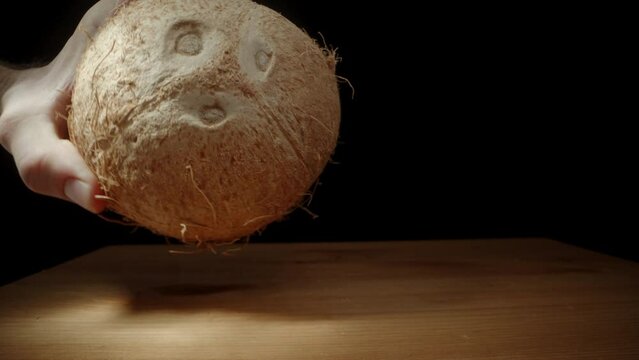 I Take the Coconut in My Hand and Begin Shaking It to Check for the Presence of Milk Inside. On a Black Background.