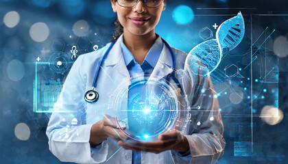 Medical technology network, Medicine doctor holding electronic medical record on hologram modern virtual. medical research. DNA. Analysis and diagnose, Digital healthcare, Futuristic of healthcare