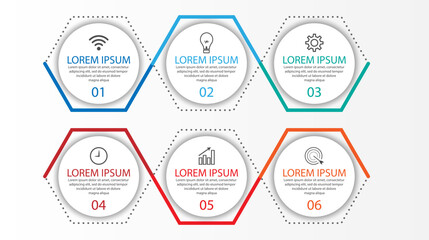 Business Infographic Template Design. Time line minimal concept with 6 options steps and marketing icons. Vector linear infographic with six connected elements. Can be used for your business gifts