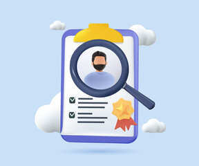 Office workers job list, list of job applicants. Human resource, find the job. Concept of choice of worker or personnel, staff recruitment or employee hiring. 3D cartoon colorful vector illustration