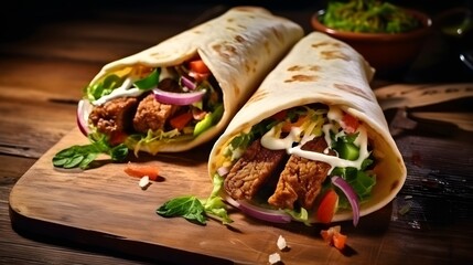 Fresh Turkish doner kebabs in toasted tortilla wraps served on brown paper on a rustic wooden table...