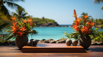 blank podium display image with tropical and beach