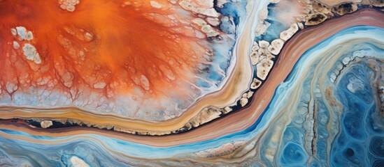 River runoff enters the ocean creating colorful layers seen from above - obrazy, fototapety, plakaty