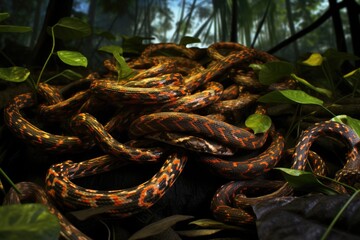 Snakes slithering in a dense rainforest floor.
