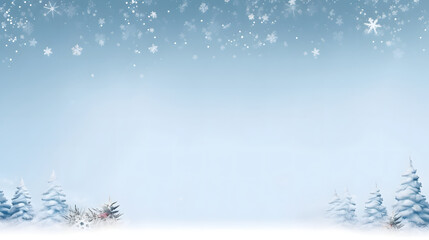 Fototapeta na wymiar Blue winter season background with pine tree, snowfall, and snowdrift