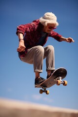 An elderly woman skateboarder