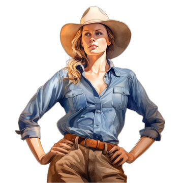 Blonde cowgirl, wearing cowboy hat and western fashion denim wear, isolated on white transparent background PNG