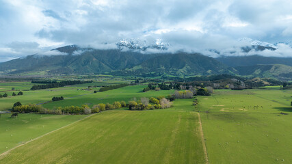 Drone image of the agricultural fields and grazing farmland around Kaikoura coast
