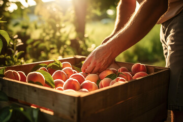 Hands checking peaches in wooden bin after harvesting season in orchard - obrazy, fototapety, plakaty