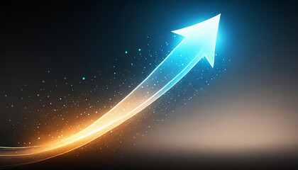 One abstract big glowing speed-up arrow on a dark background. Business growth, success, high results, investment growth, development progress, financial company statistics, and start-up concept - obrazy, fototapety, plakaty