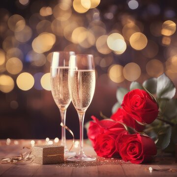Valentine's Day celebration with roses, champagne on blurred gold sparcle background.AI generative