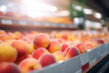Big golden peaches in shelve of supermarket, close up shot - obrazy, fototapety, plakaty