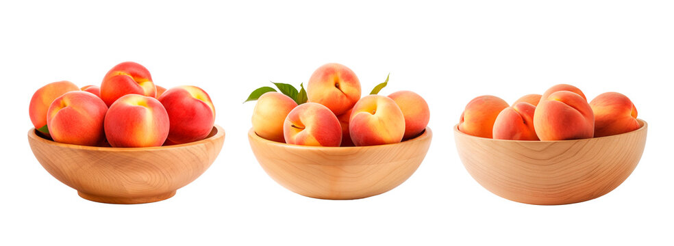 Three different wooden bowls full of organic peaches over white transparent background