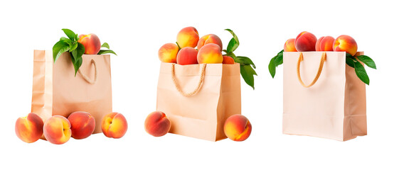 Three paper bags with peaches over white transparent background