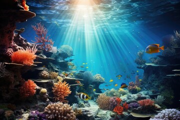 Fototapeta na wymiar Underwater scene with marine life and sun rays