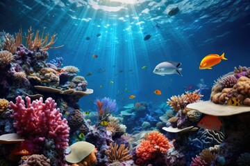 Underwater world with diverse marine life and coral reefs.
