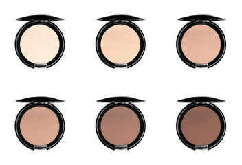 Compact face powders of different shades isolated on white, collection. Top view