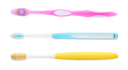 Set of different colorful toothbrushes on white background