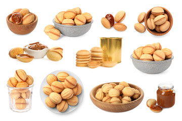 Delicious nut shaped cookies with caramelized condensed milk isolated on white, collage design