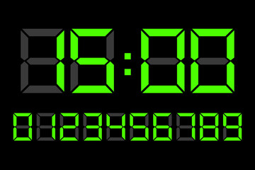 Light green Digital LED numbers. Digital clock number set. Electronic figures. Vector illustration. EPS 10.