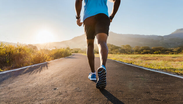 Rear view of a man's feet before running. Adult man doing exercise running and walking on country road in the morning with sunrise background. Concept of health and lifestyle
