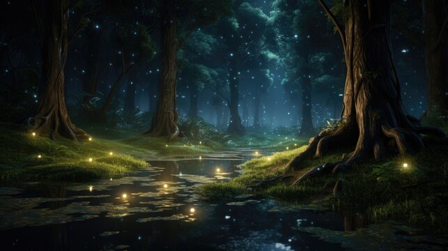 Majestic tree surrounded by glowing orbs in tranquil forest. Nights magic in wilderness.