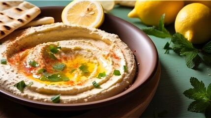 hummus dip plate and lemon on wooden table