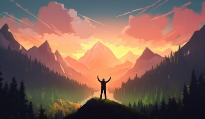 Illustration of a man standing on top of a mountain with stunning view of nature, The concept of mountain Tourism, Travel and Business concept for success.