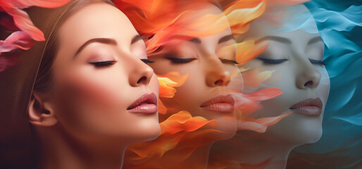 Glamor model relaxing surrounded by fire. Beautiful young woman face closeup portrait. Relaxation and beauty care in salon. Full lips, long eyelashes, closed eyes trendy woman. Special effects by Vita - obrazy, fototapety, plakaty