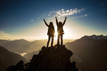 Climbing a mountain in the peak at sunset enjoying the views, embodying the exhilarating feeling of success