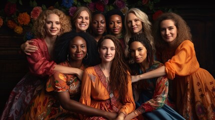 A group of women pose in traditional dress