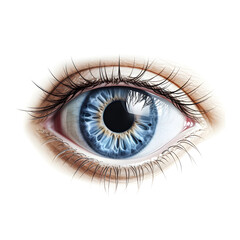 Female blue eye with long lashes close up. Human eye macro detail isolated on white 