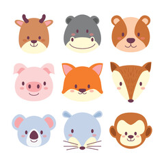 Set of Cute Animal Head Cartoon. Wildlife Avatar Emoji with Deer, Rhino, Bear, Pig, Fox, koala, rat and monkey Collection. Fauna Flat Style Icon Vector Illustration