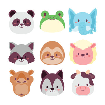 Set of Cute Animal Head Cartoon. Wildlife Avatar Emoji with Wolf, Elephant, Sheep, Cow, Slow Loris, Panda, Racoon, Camel and Frog. Collection. Flat Style Icon Vector Illustration