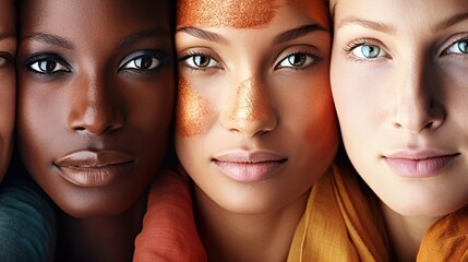 Close-up of faces. Symbol of unity between women of different ethnicities