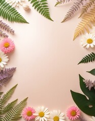 Fototapeta na wymiar Creative layout made of flowers and leaves on pastel pink background. Flat lay, top view, copy space generative AI