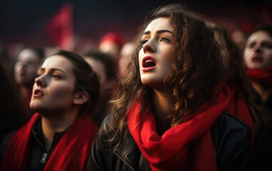 A choir of football fans girls singing their team's anthem - obrazy, fototapety, plakaty