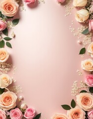 Fototapeta na wymiar Pink and beige roses and pearls on pink background with copy space , generative AI