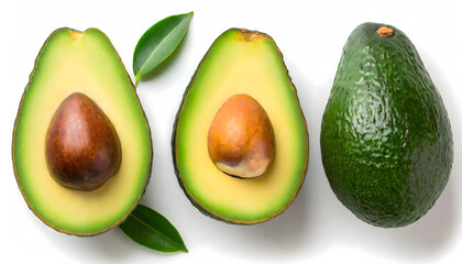 Avocado fruit and cut in half sliced with green leaf