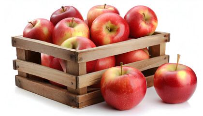 Red apples in wooden crate isolated