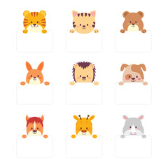 Set of Cute Animal Head Cartoon Empty Text Box Banner. Wildlife Avatar Emoji with Tiger, Bear, Rhino, Cat, Horse, Giraffe, Rabbit, Dog and Porcupine. Collection. Flat Style Icon Vector Illustration