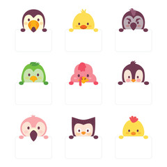 Set of Cute Animal Head Cartoon. Empty Text Box Banner. Wildlife Avatar Emoji with Flamingo,  Black Bird, Chicken, Chick, Owl, Turkey, Penguin Collection. Fauna Flat Style Icon Vector Illustration