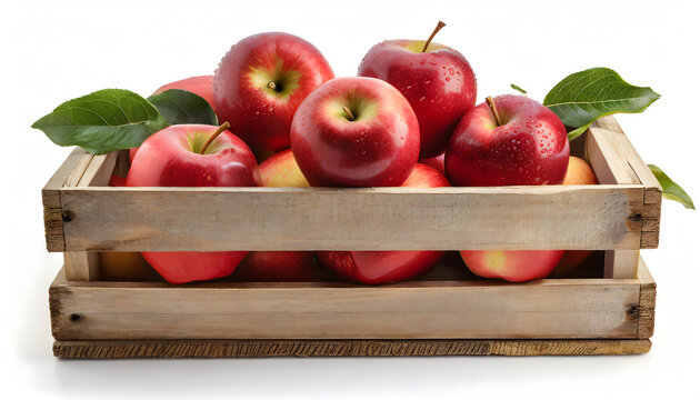 Red apples in wooden crate isolated