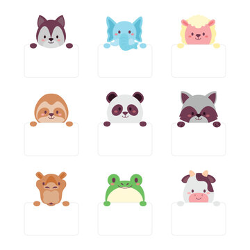 Set of Cute Animal Head Cartoon Empty Text Box Banner. Wildlife Avatar Emoji with Wolf, Elephant, Sheep, Cow, Slow Loris, Panda, Racoon, Camel, Frog and Cow Collection. Flat Style Icon Illustration