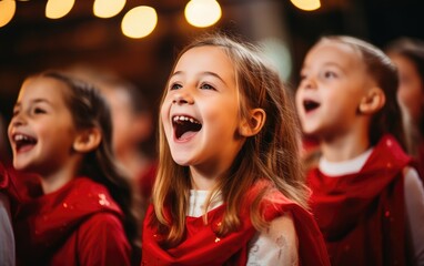 Obraz na płótnie Canvas A children's choir with joy and emotion singing carols