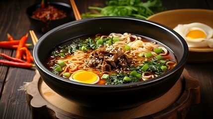 Korean beef ramen spicy noodle soup with chopsticks on a wooden background