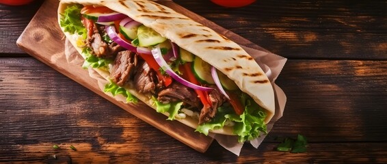 Panorama banner with spicy Turkish doner kebab filled with flaked spit roasted meat and fresh salad...