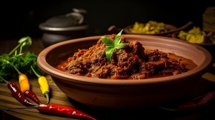 Rendang Daging Sapi or Beef stew traditional food from Padang, Indonesia. The dish is arranged among the spices and herbs used in the original recipe like chili, lemongrass onion